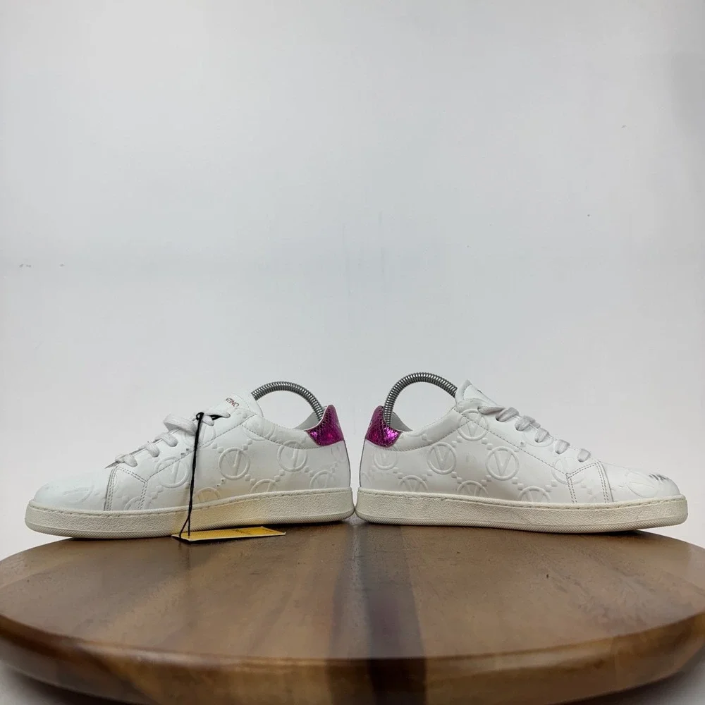 New Womens Valentino Sofia Vlogo White Pink Leather Low Sneakers Size 7.5 M NWOB